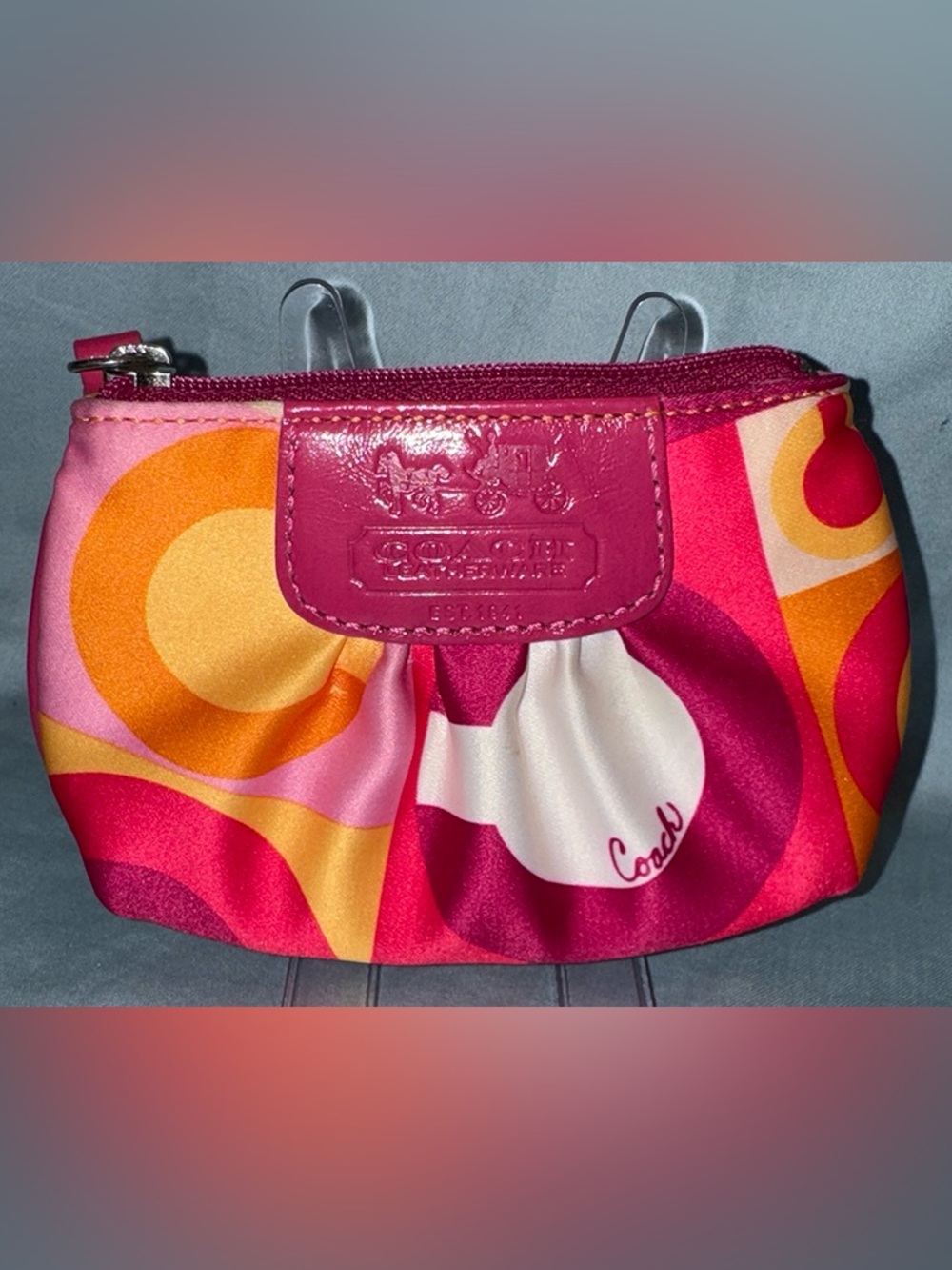 Coach Op Art Coin Case In Vibrant Pink & Orange Scarf Print